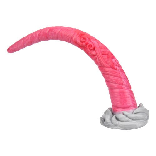 Pink and gray textured dildo resembling a tentacle on a white background