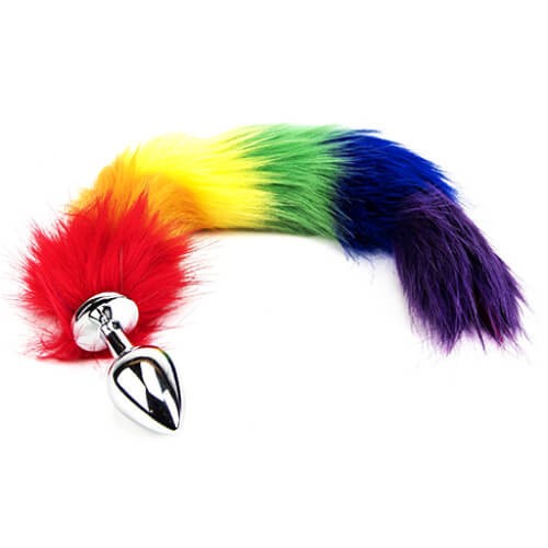 Furry Fantasy Rainbow Tail Butt Plug Silicone Fetish BDSM Pet Play Kink 36cm
