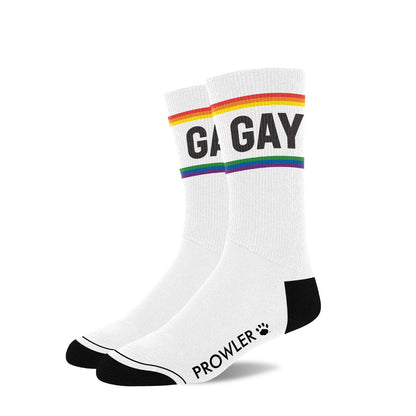 White socks with rainbow band and 'GAY' text on a white background