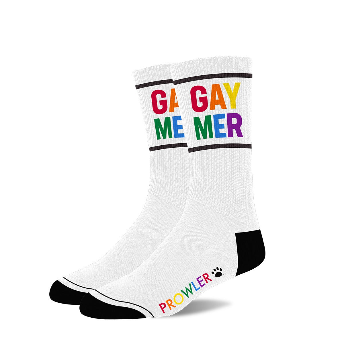 White socks with colorful text and a paw print logo on a white background