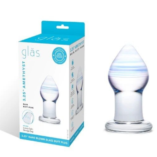 Glass butt plug with packaging labeled 'glas' on a white background