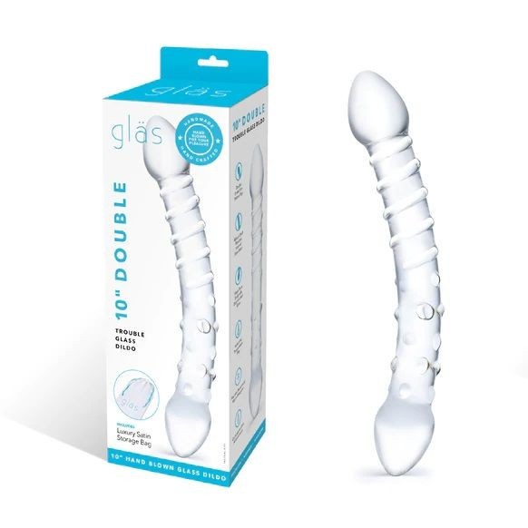 White double-ended glass dildo with packaging on a white background