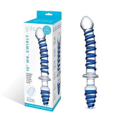 Blue and clear swirl-shaped dildo with packaging on a white background