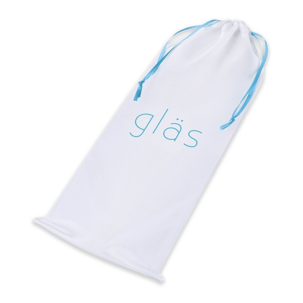 White drawstring bag with blue trim and 'glas' branding on a white background