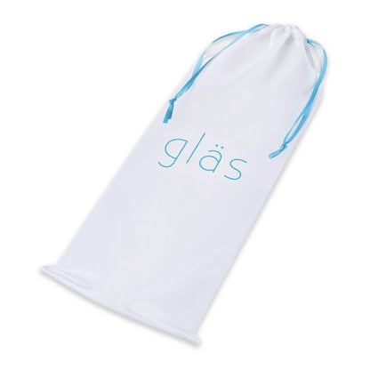 White drawstring bag with blue trim and 'glas' branding on a white background