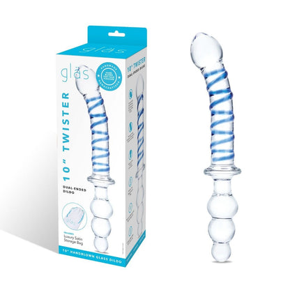 Glass dildo with blue and white swirl design next to its packaging on a white background