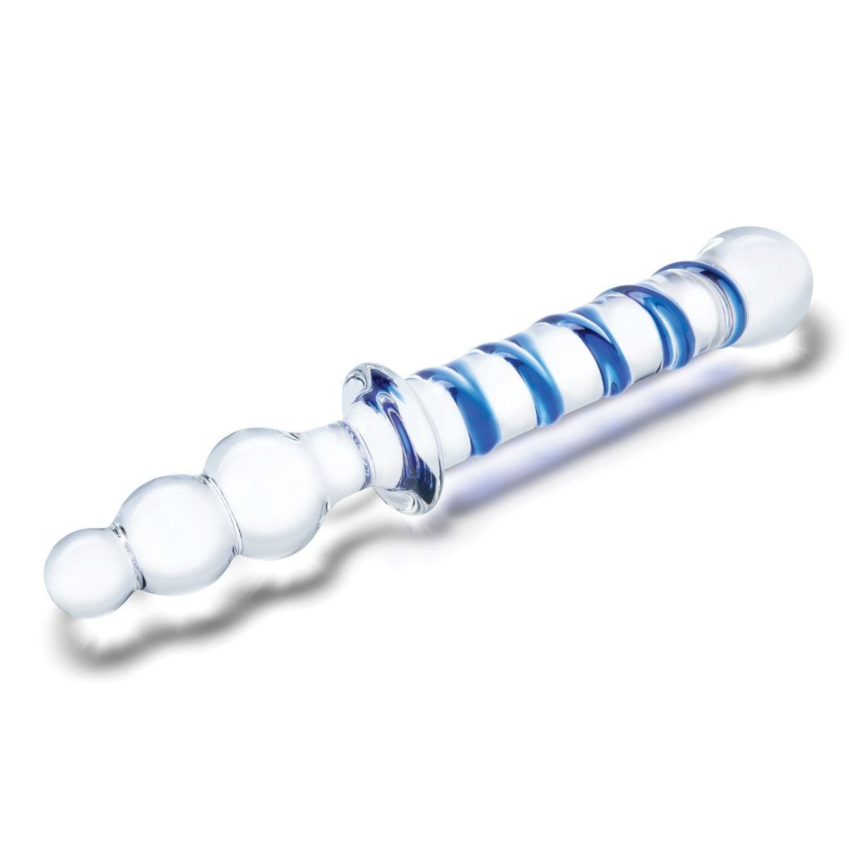 Glass object with blue and white striped design on a white background