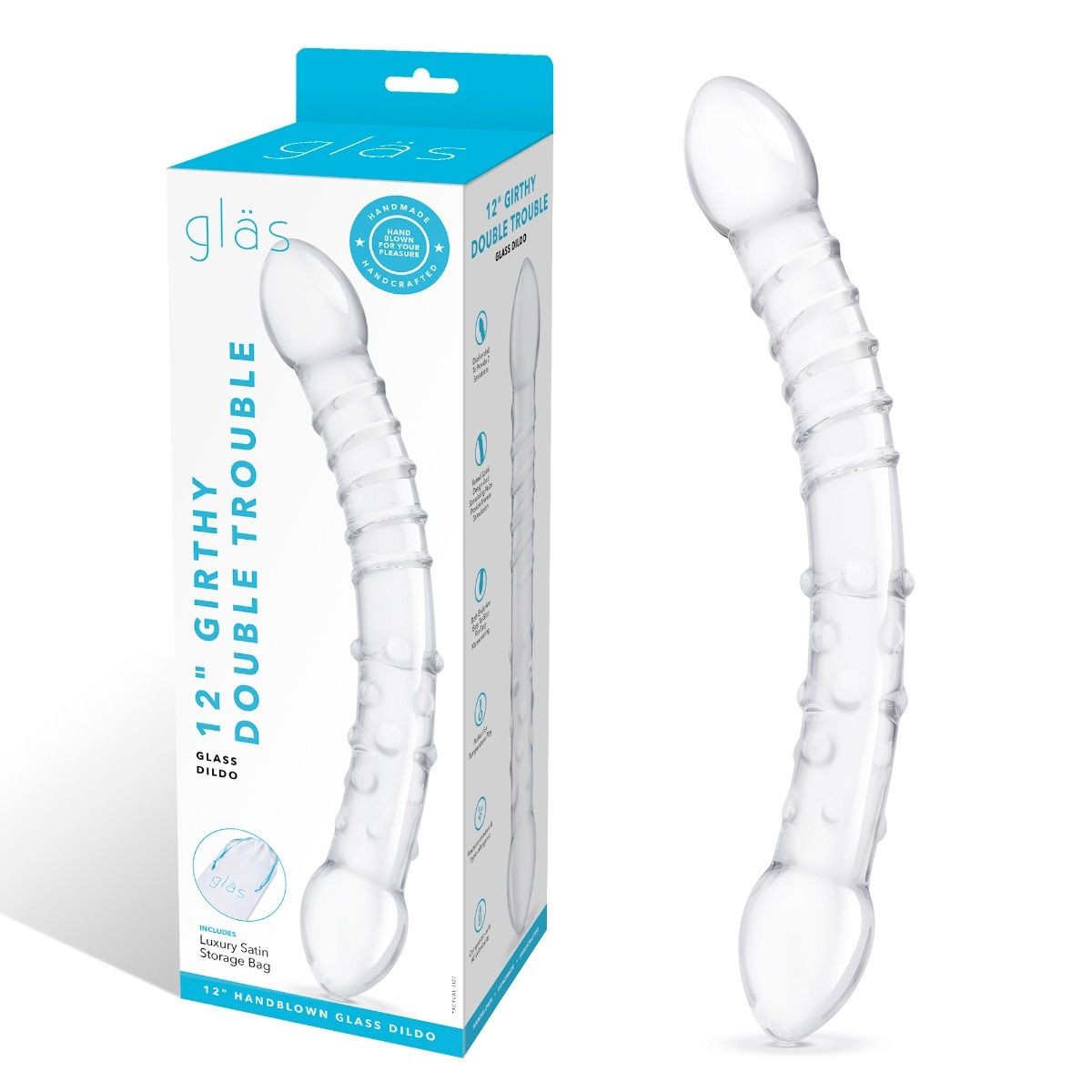 Clear glass dildo with packaging on a white background