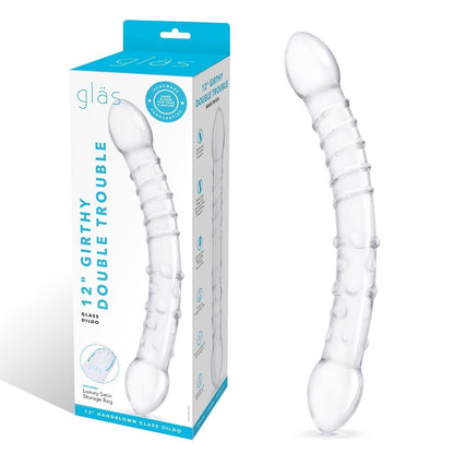 Clear glass dildo with packaging on a white background