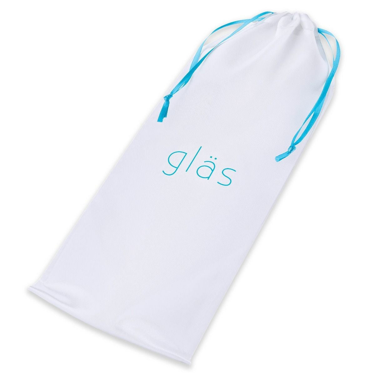 White bag with blue drawstring and 'glas' branding on a white background