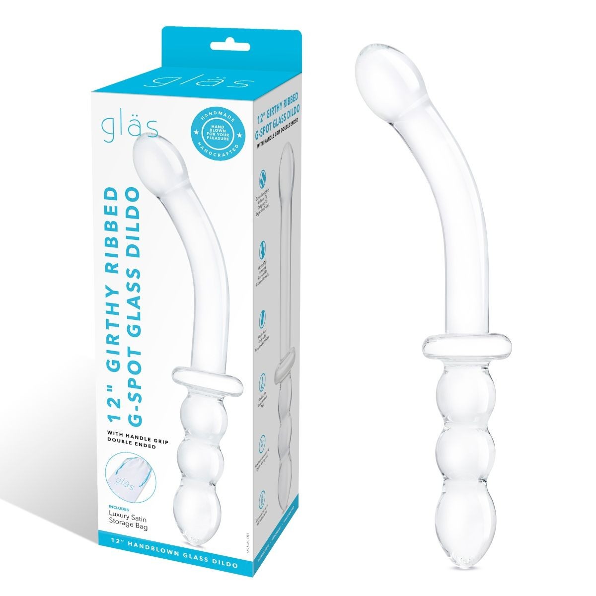 White glass G-spot dildo with packaging on a white background