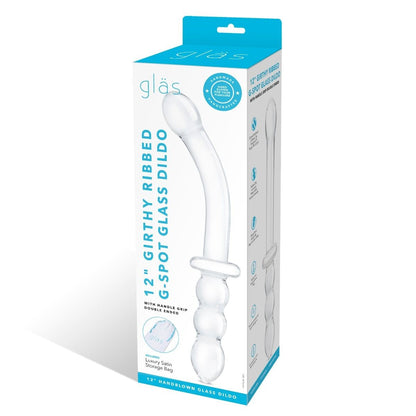 Boxed glass dildo with 'glas' branding on a white background
