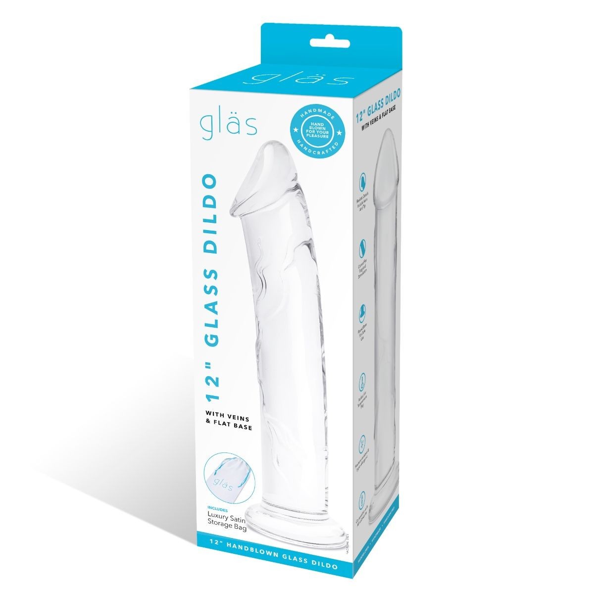 Boxed glass dildo with 'glas' branding on a white background