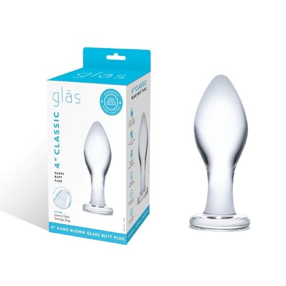 Glass butt plug with packaging on a white background