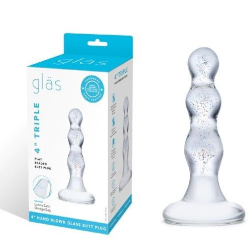 Glass butt plug with packaging on a white background