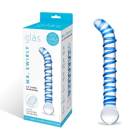Blue and white glass dildo with packaging on a white background