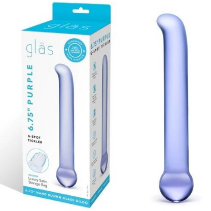 Purple glass dildo with packaging displaying 'glas' branding on a white background