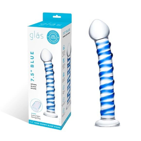 Blue and white spiral glass dildo with packaging on a white background