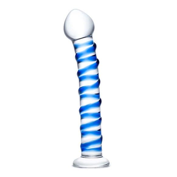Glass dildo with blue spiral design on a white background