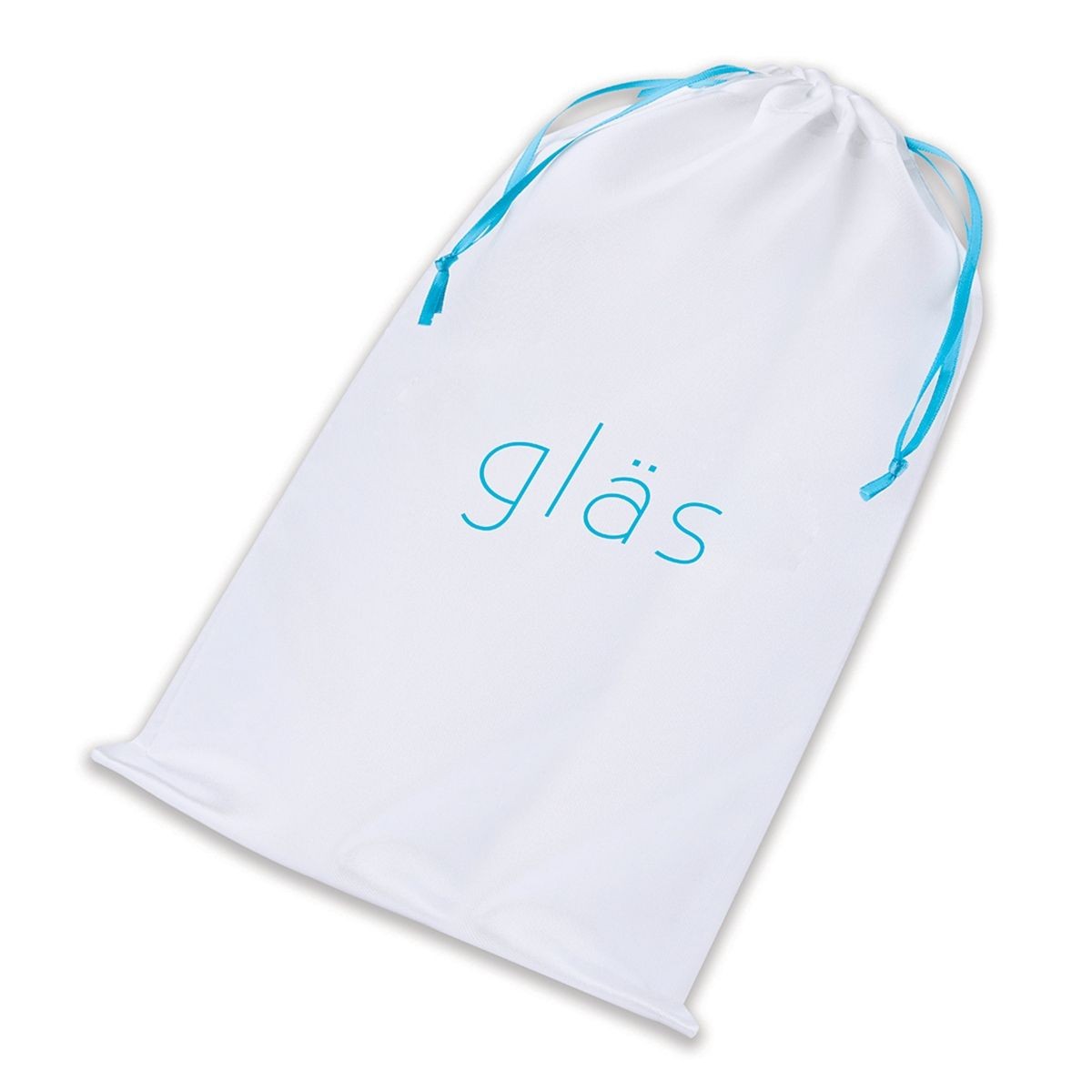 White drawstring bag with blue drawstrings and 'glas' branding on a white background