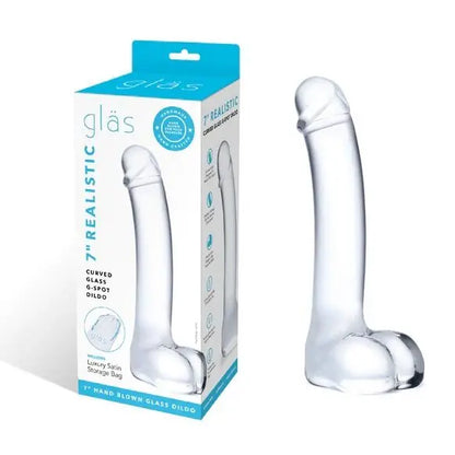 Clear glass dildo with packaging on a white background
