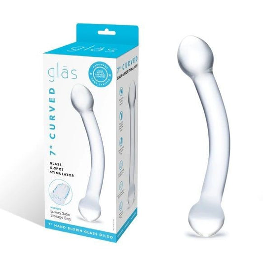 Glass dildo with packaging on a white background