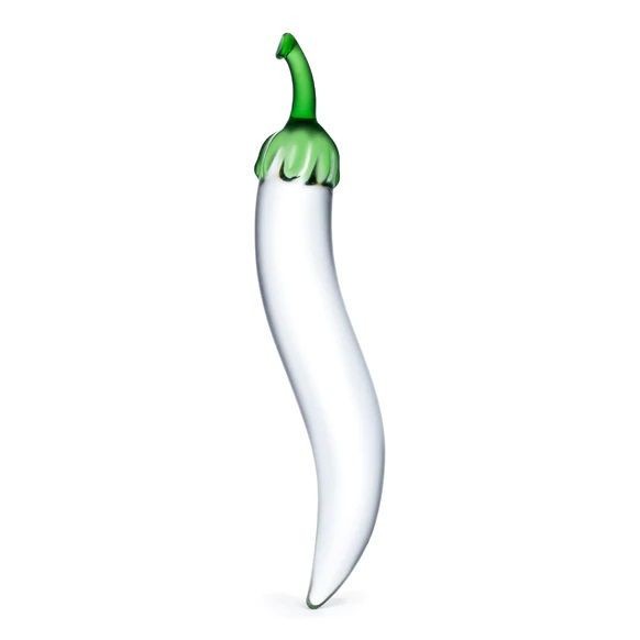 White glass pepper with green top on a white background
