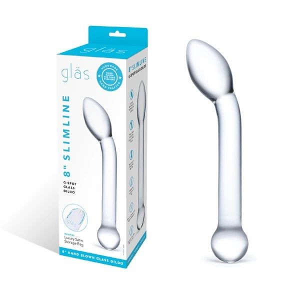 Clear glass dildo with packaging labeled 'glas' on a white background