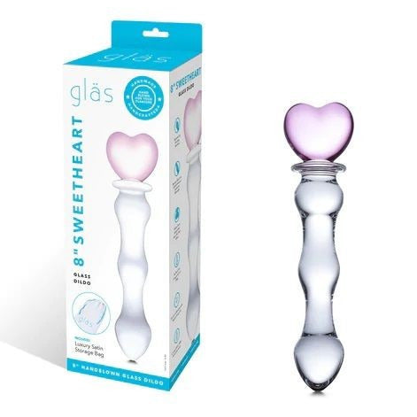 Glass 'Sweetheart' product with heart-shaped design and packaging on a white background