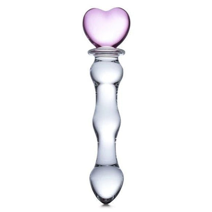 Glass dildo with a heart-shaped top on a white background