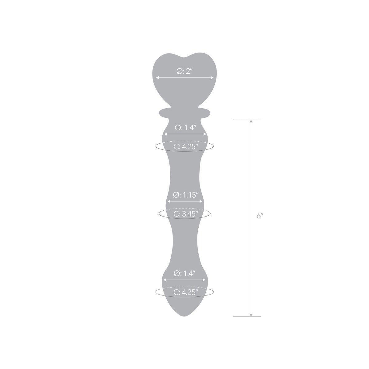 Measurement chart for a heart-shaped dildo with dimensions on a white background