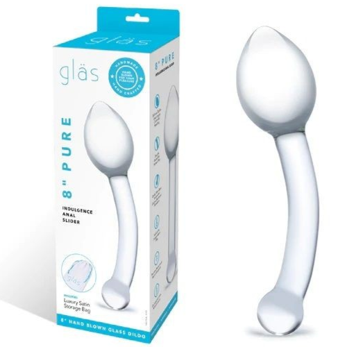 Glass anal dildo with packaging labeled 'glas' on a white background