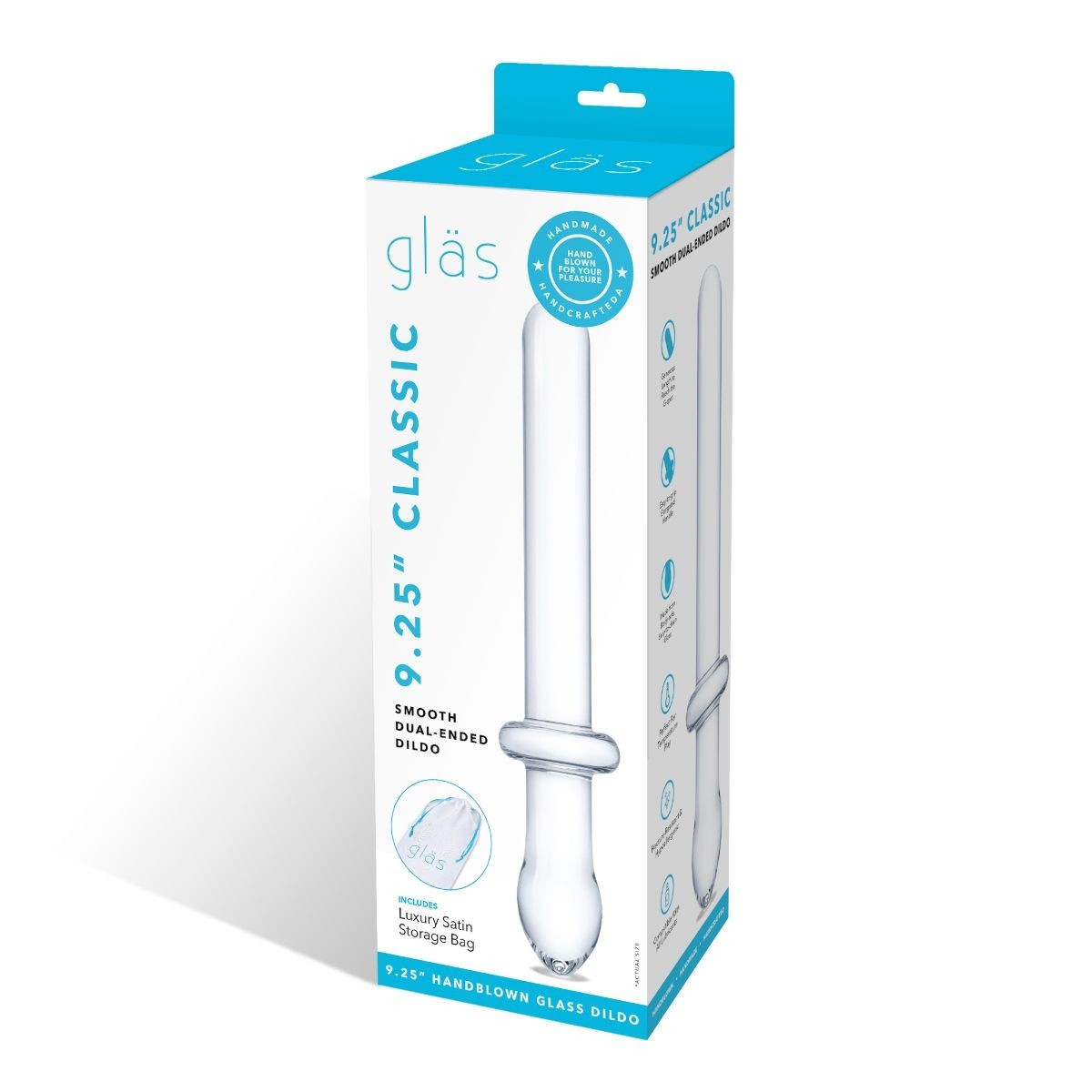 Glas 9.25 inch classic glass dildo packaging on a white background