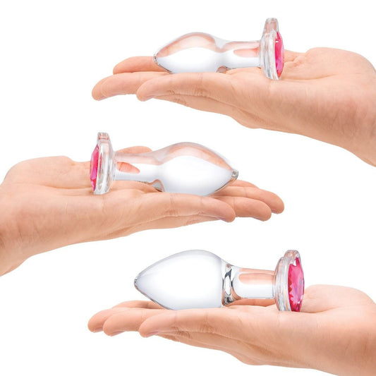 Gläs Heart Jewel Anal Training Handblown Glass Butt Plug 3 Piece Ass Sex Kit Set