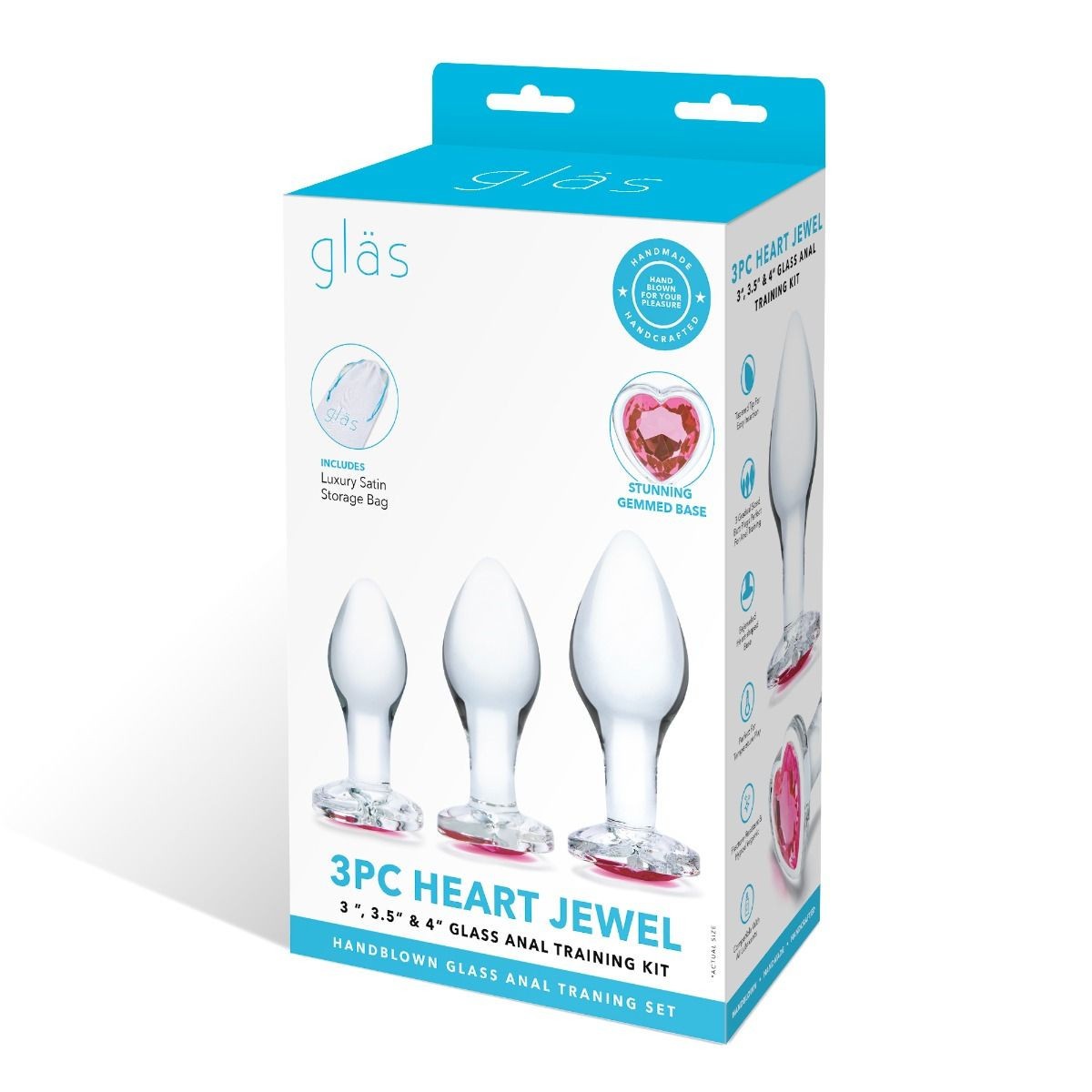 Box of '3PC Heart Jewel' glass anal training kit by glas on a white background