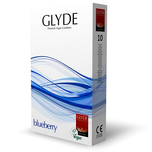 Glyde blueberry flavored condom packaging on a white background