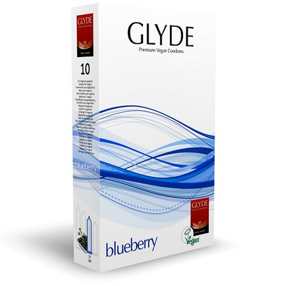 Glyde blueberry flavored condom packaging on a white background