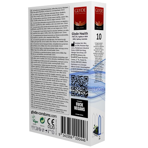 Glyde condom packaging with text and branding on a white background