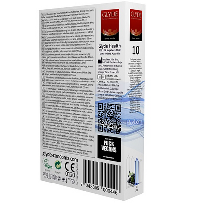 Glyde condom packaging with text and branding on a white background