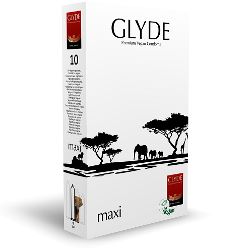 Glyde condom packaging with an African landscape design on a white background