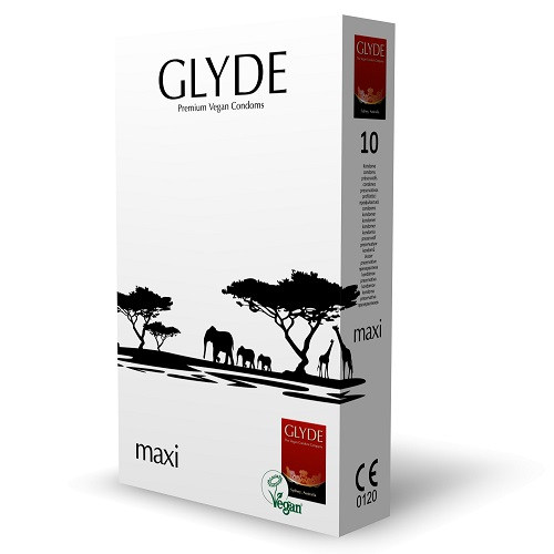 Glyde maxi condom packaging with African landscape design on a white background