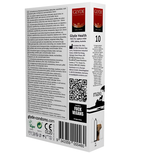 Glyde condom packaging with text and branding on a white background