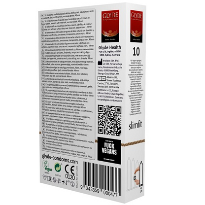Glyde condom packaging with text and branding on a white background