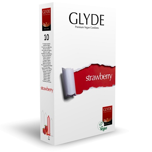 Glyde strawberry flavored condoms packaging on a white background