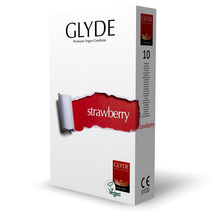 Glyde strawberry flavored condoms packaging on a white background