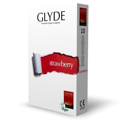 Glyde strawberry flavored condoms packaging on a white background