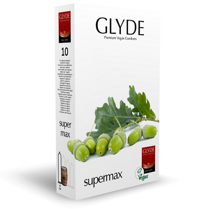 Glyde supermax premium vegan condoms packaging with green grapes and oak leaves on a white background