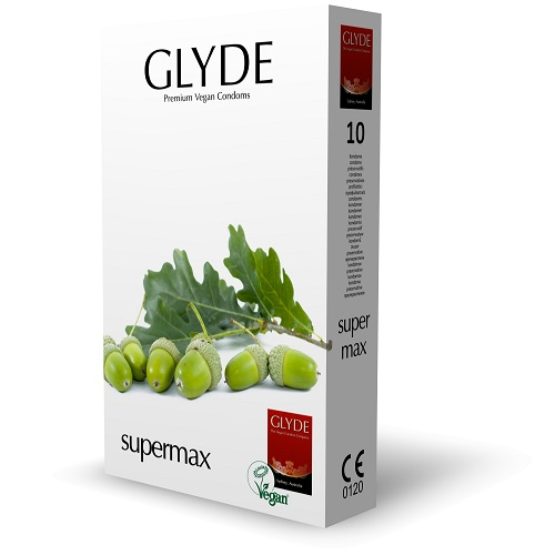 Glyde supermax condom packaging with green acorns and leaves on a white background