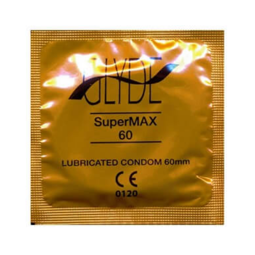 Glyde SuperMAX 60mm lubricated condom packaging on a white background