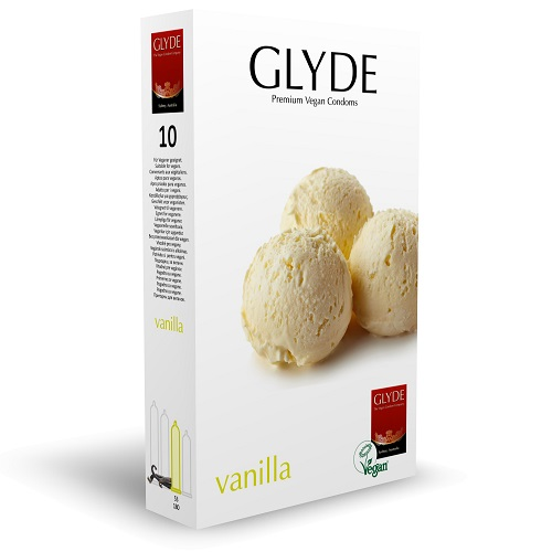 Glyde vanilla flavored condoms packaging on a white background